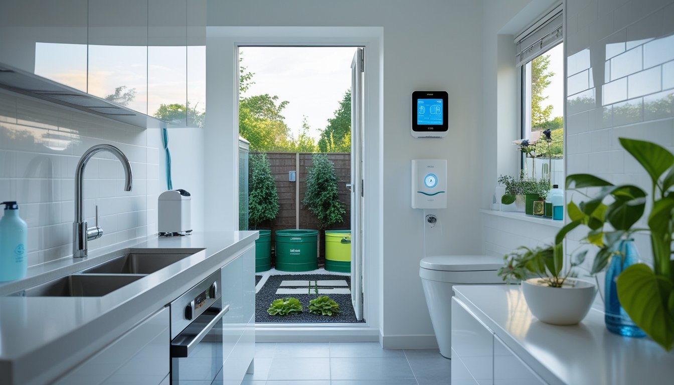 A modern UK home interior showing water-saving fixtures like a water-efficient faucet, digital water monitor, low-flow showerhead, dual-flush toilet, and rainwater collection barrels in a garden outside.