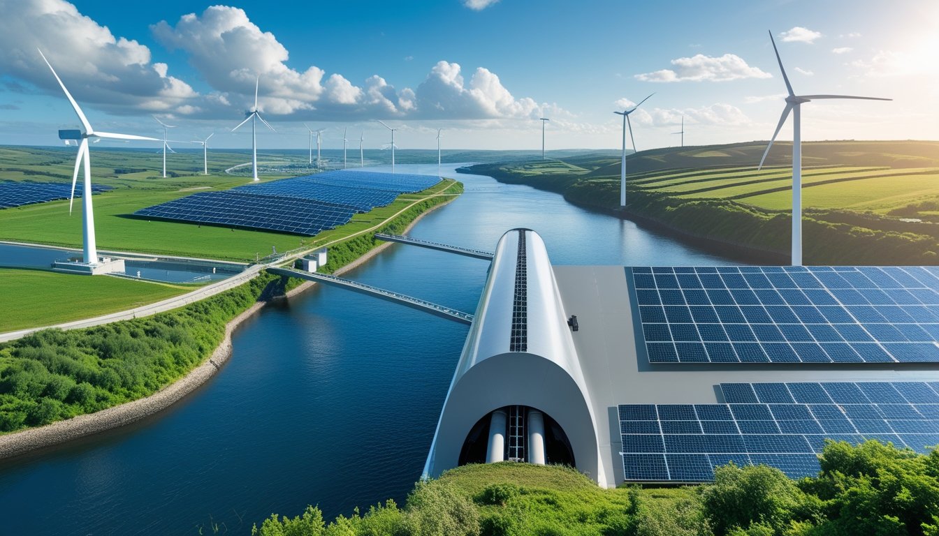 A landscape showing offshore and onshore wind turbines, solar panels, and a hydroelectric dam in the UK countryside under a clear sky.