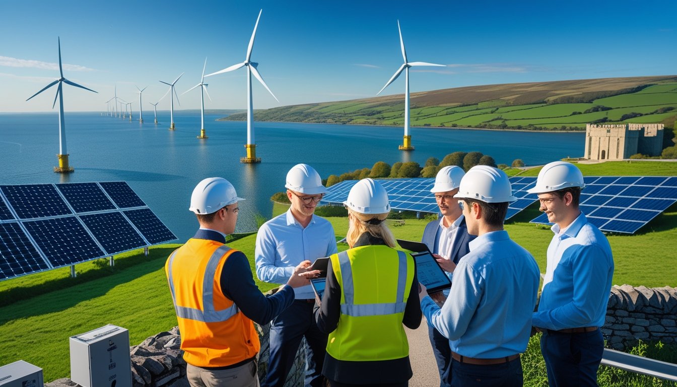A landscape showing offshore wind turbines, solar panels, and a hydroelectric dam with engineers discussing plans in the foreground.