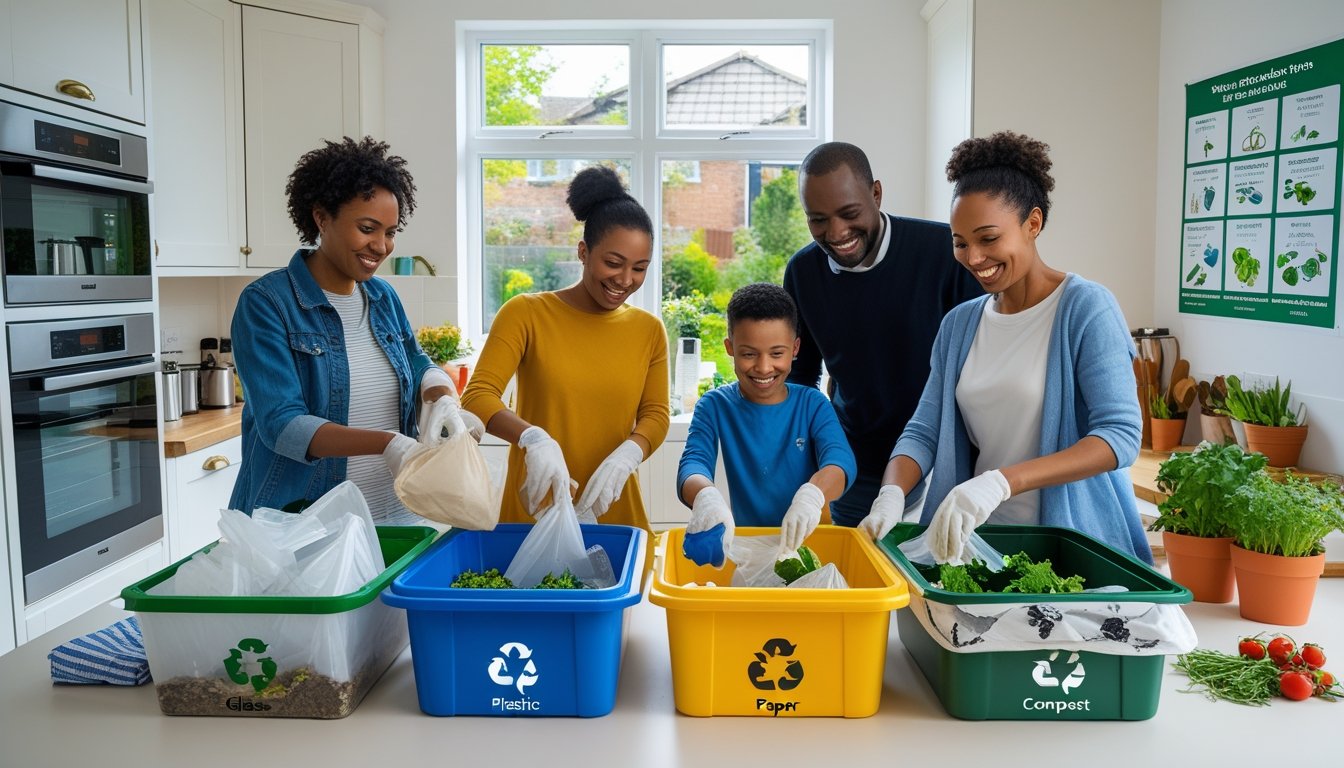 A family sorting recyclable waste into labelled bins in a bright kitchen with a view of a small garden.