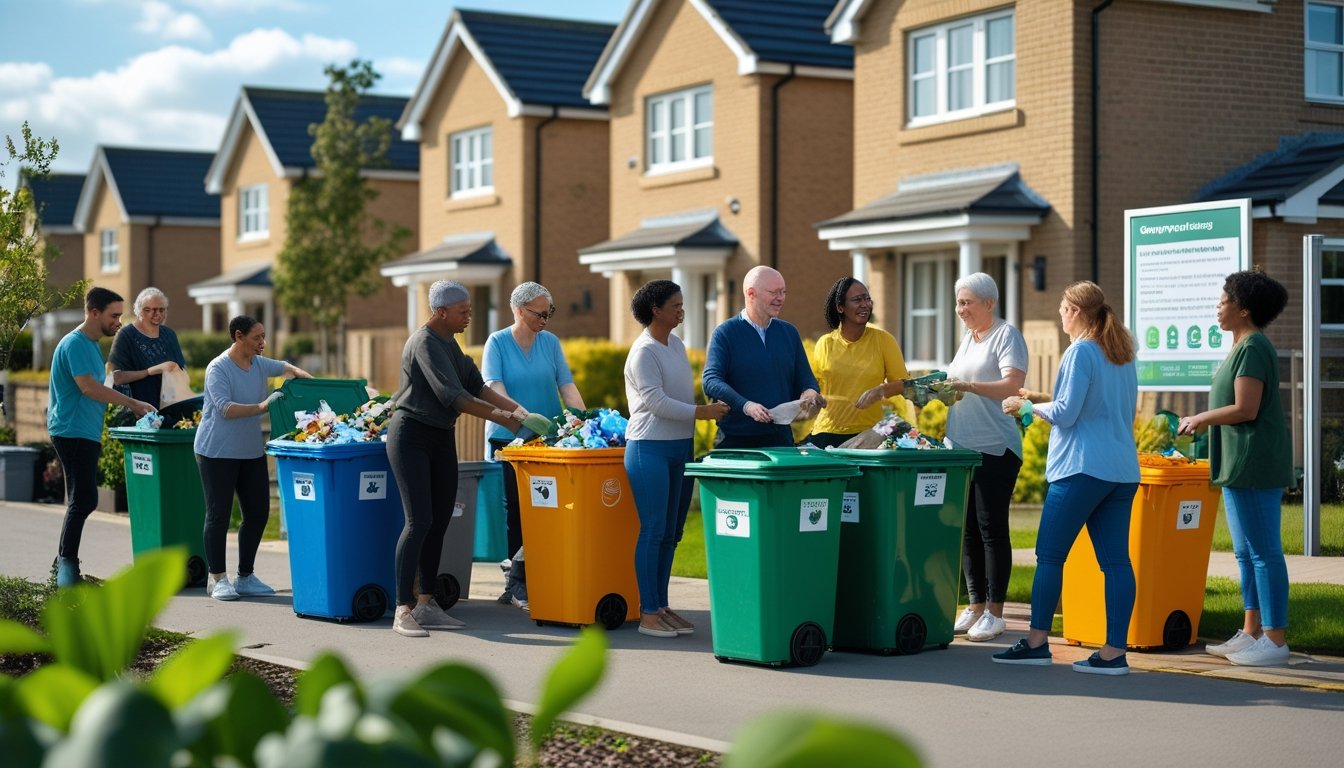 A group of diverse UK residents sorting recycling and compost in a suburban neighbourhood, engaging in waste reduction activities together.