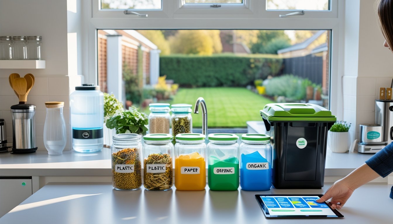 A person sorting recyclable materials into bins in a bright kitchen with reusable containers and a compost bin visible.