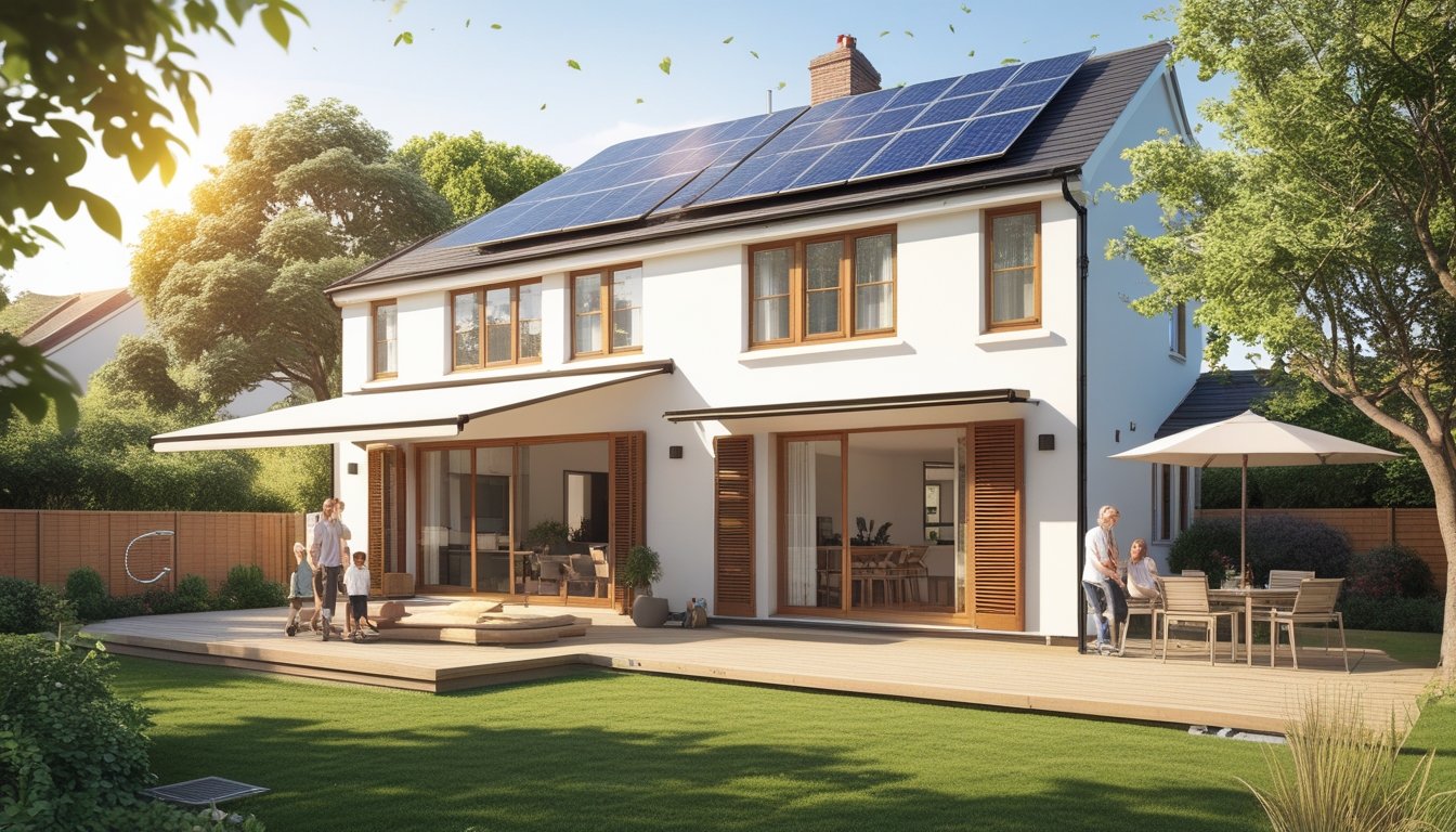A British suburban home with trees and solar panels, showing natural shade and eco-friendly cooling features on a sunny summer day.