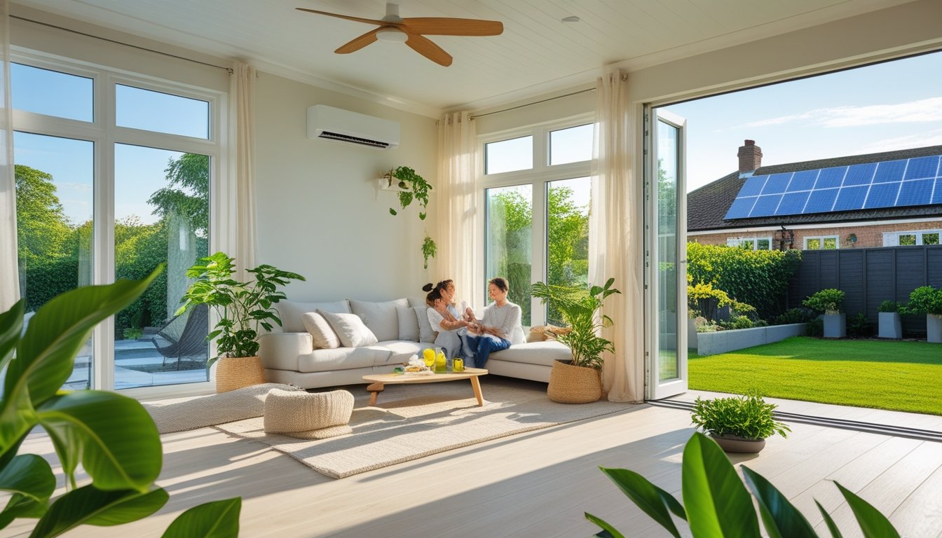 A bright modern British home interior with open windows, indoor plants, a ceiling fan, and an energy-efficient air conditioning unit, showing a family enjoying a cool and comfortable summer day.