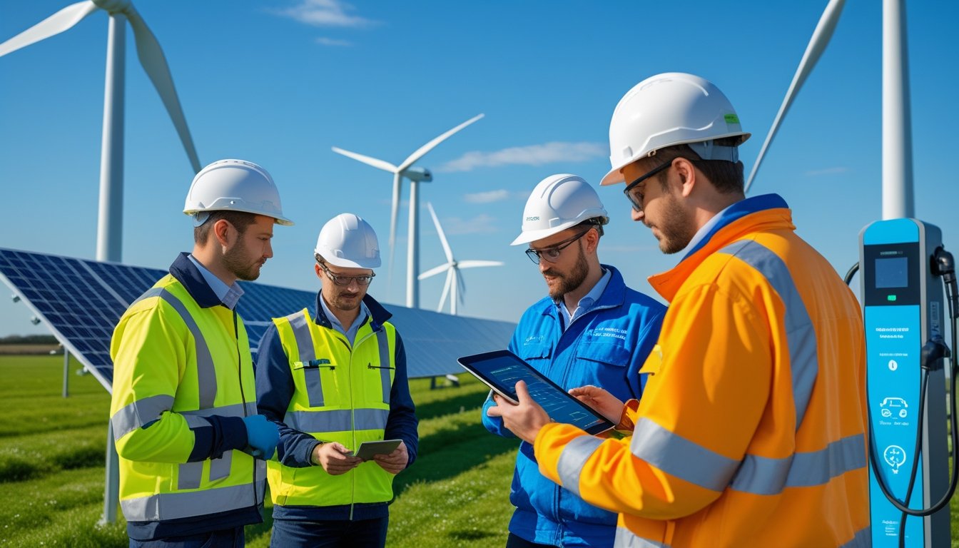 A group of renewable energy workers inspecting wind turbines and solar panels outdoors in the UK.
