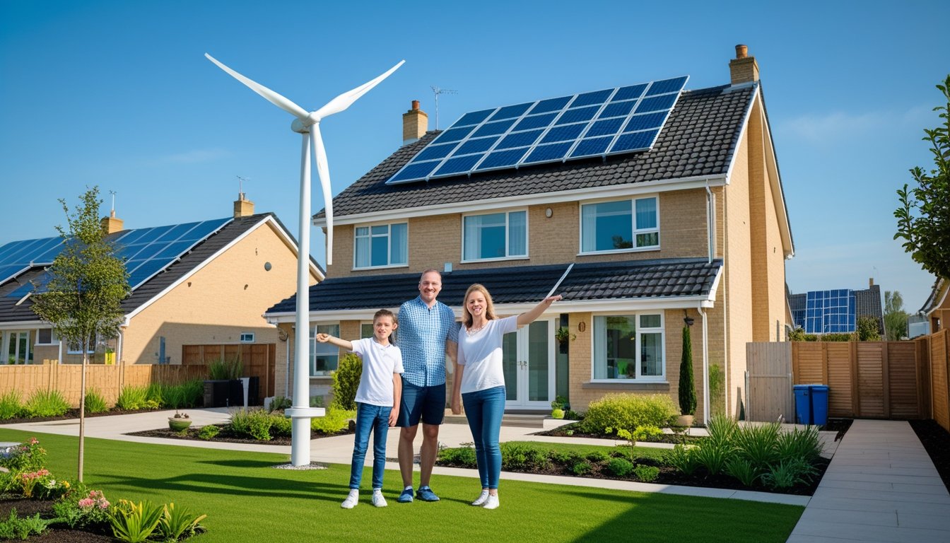 A UK suburban home with solar panels on the roof and a small wind turbine in the garden, with a family standing outside pointing at the renewable energy installations.