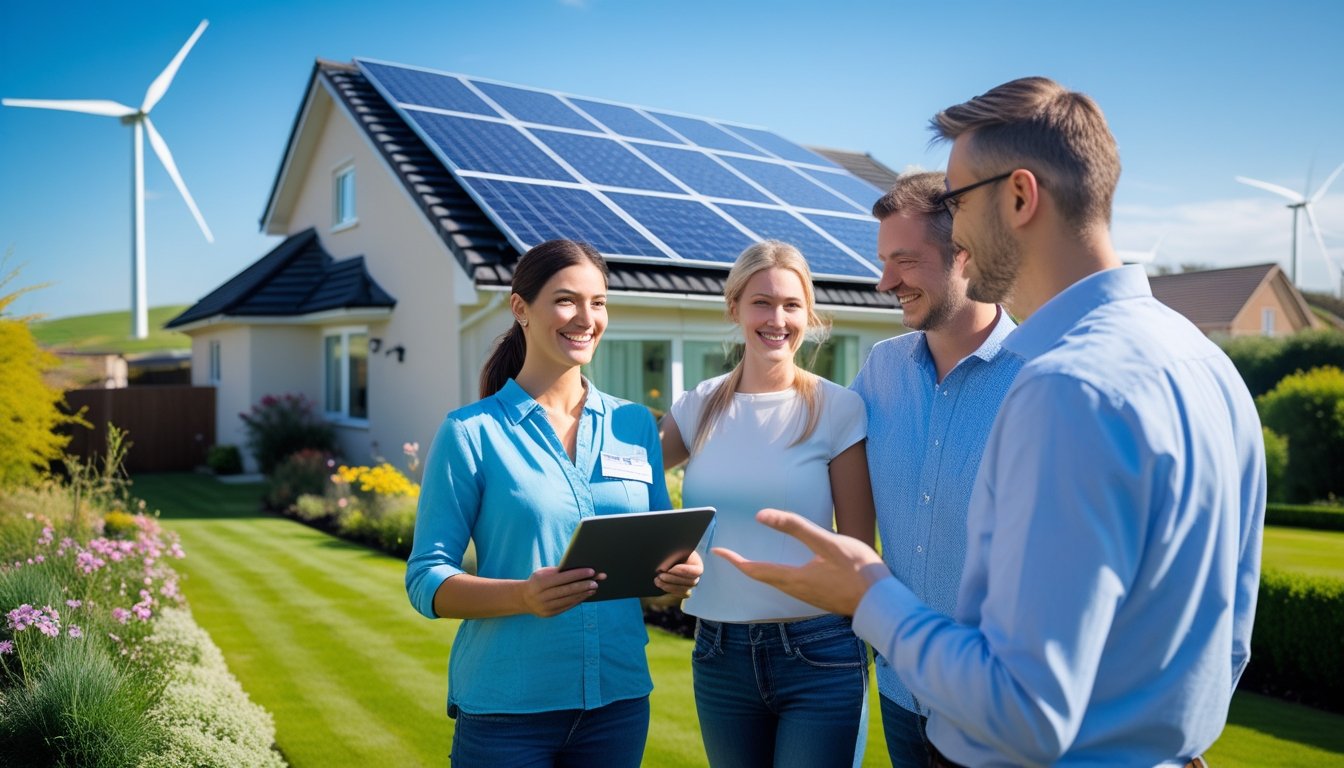 A UK suburban home with solar panels on the roof, a couple talking to a renewable energy expert outside, with wind turbines visible in the distance.