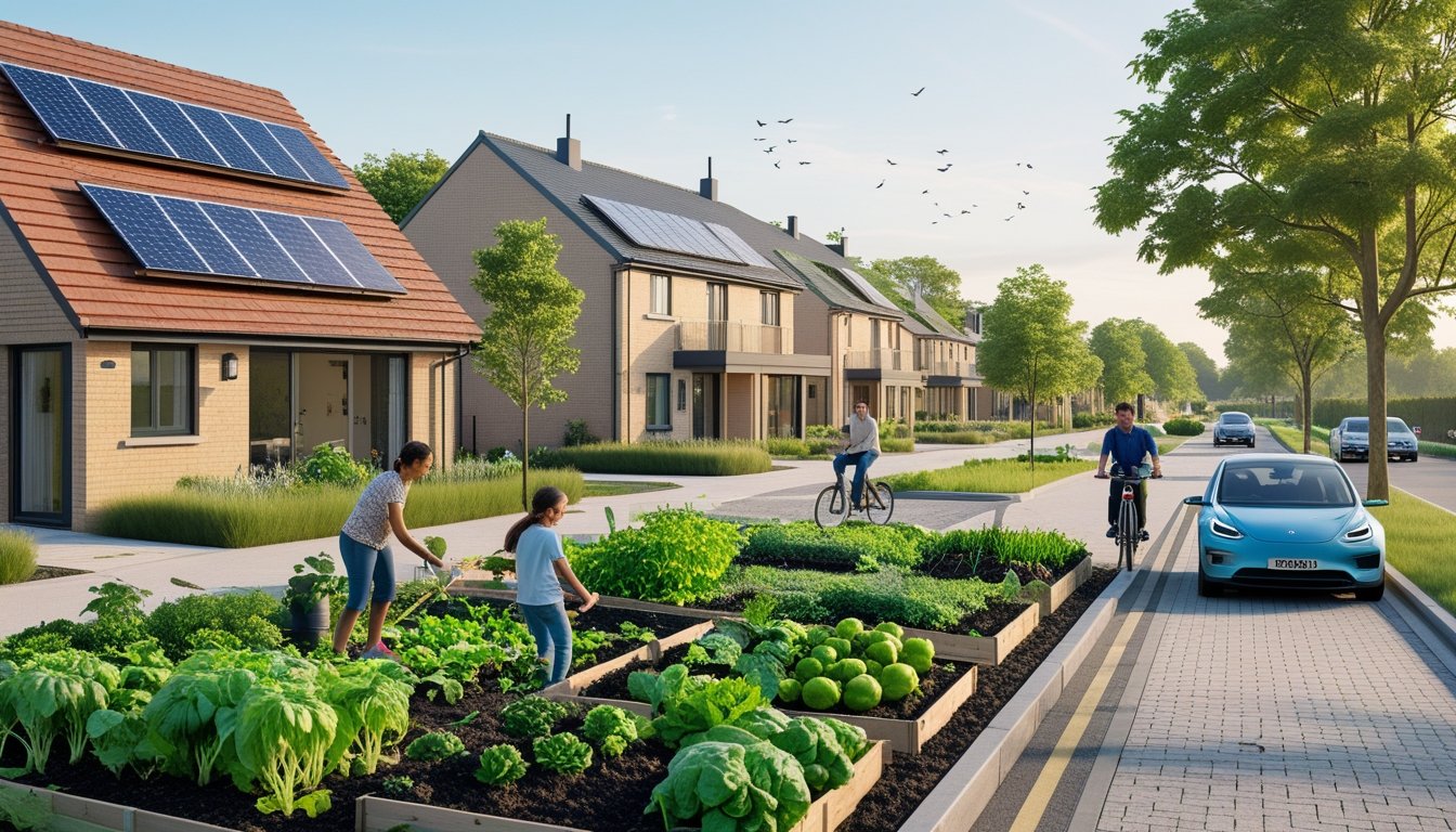 A UK neighbourhood showing eco-friendly houses with solar panels, a family gardening, a cyclist on a tree-lined street, and green urban spaces.