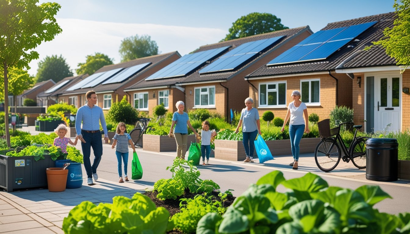 A UK suburban street with houses featuring solar panels, people gardening and recycling, and bicycles parked nearby.